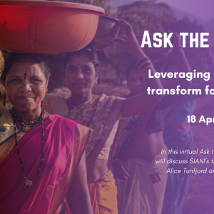 A flyer for the upcoming TABLE event “Ask the Author: Leveraging networks to transform food systems” on 18 April at 2pm BST. The background is a purple gradient with a photo of a row of women wearing saris in central India holding plastic baskets on their heads. Photo by Jacquelyn Turner.