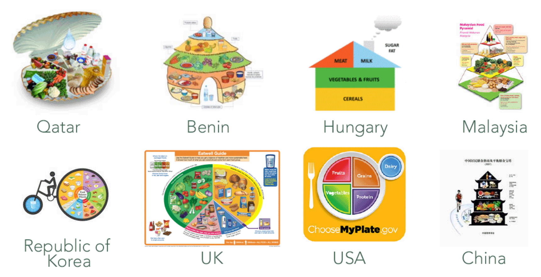 Figure 2: Illustrations of national food based dietary guidelines from different countries.