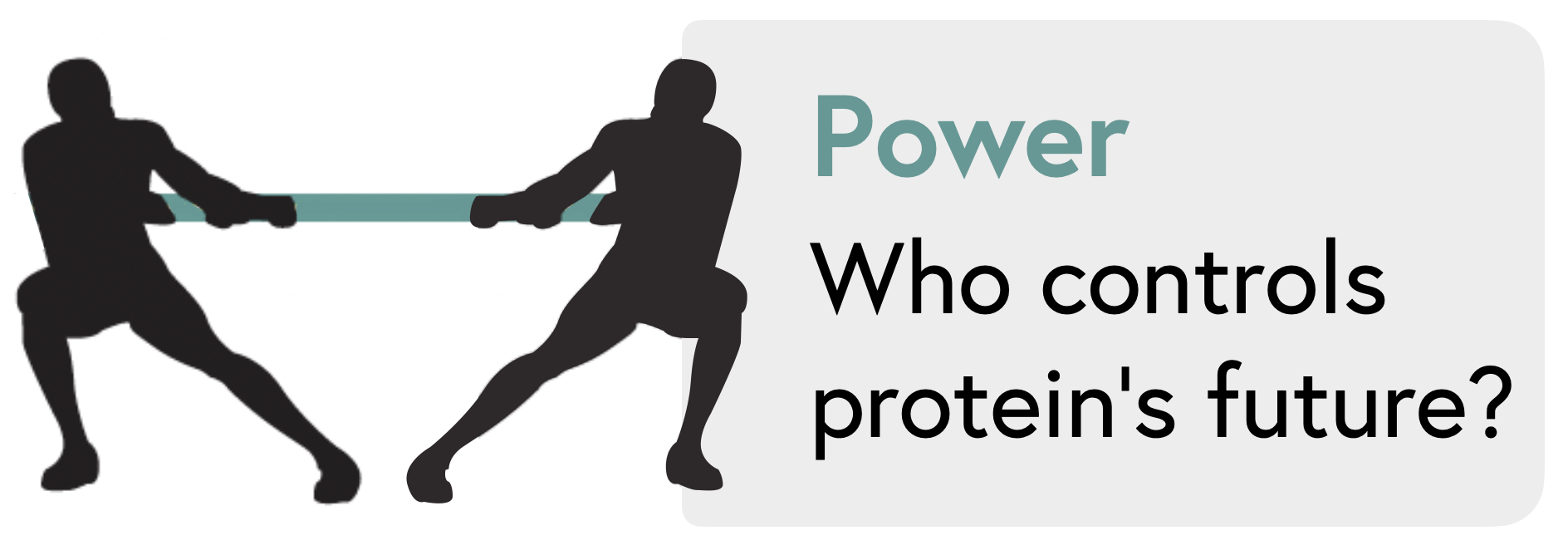 icon showing two people engaged in a tug of war with the caption "Power: Who controls protein's future?"