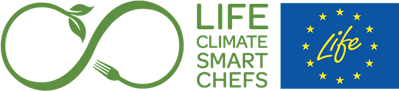 LIFE Climate Smart Chefs logo featuring green infinity symbol with leaf at one end fork at other and EU flag with life written in centre