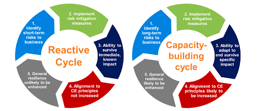 Image: Figure 8, Claire et. al., 2023. Two cycles of business behaviour, the first characterised by reactive cycles of short-term specific risk mitigation, the second characterised by capacity building through long-term specific risk mitigation, aligning with circular economic behaviour and general resilience.