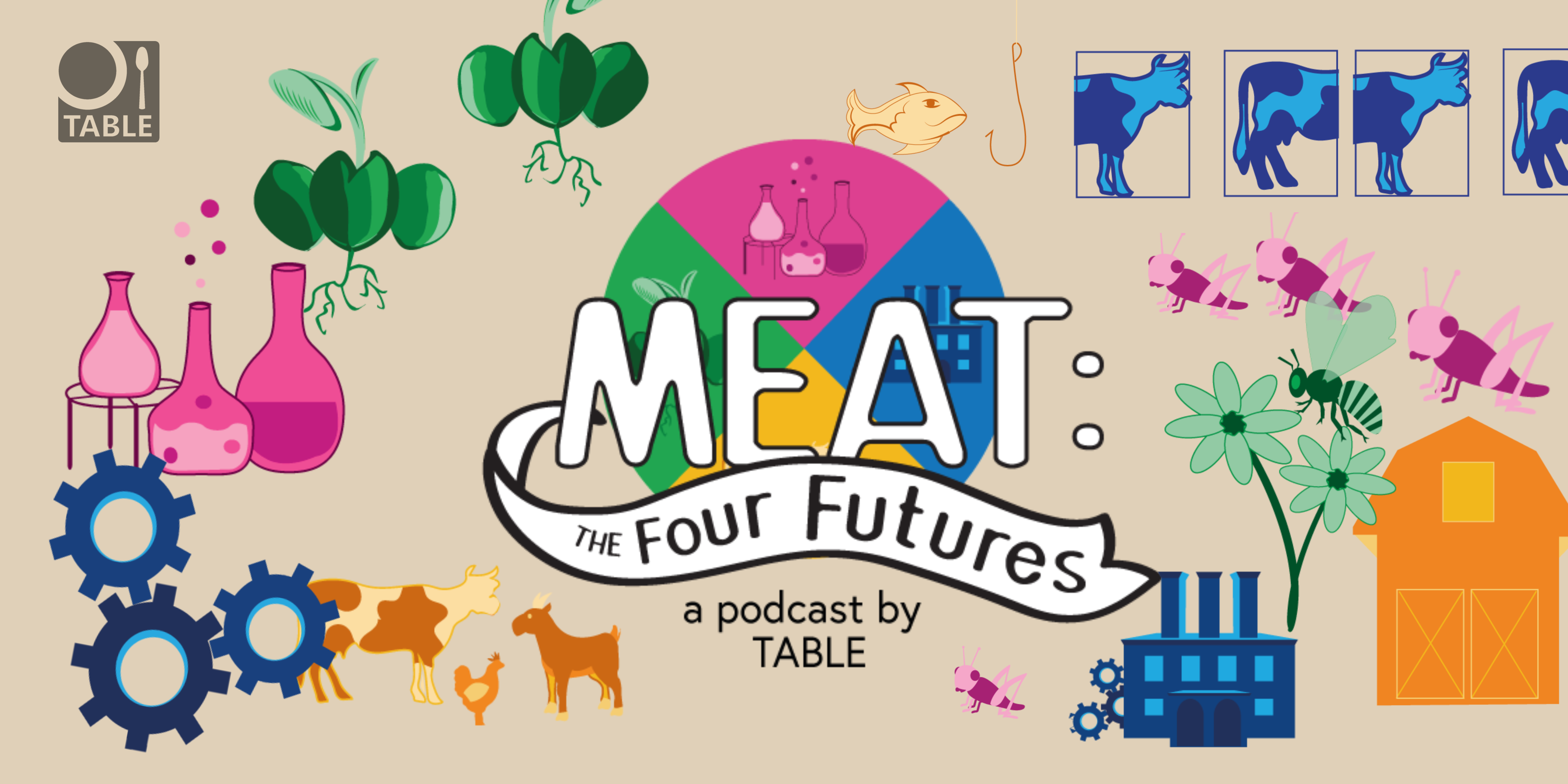 The banner advertising the Meat: The Four Futures podcast featuring brightly colored cartoon illustrations of the four futures and the TABLE logo