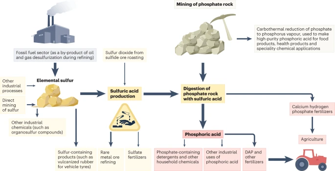 Image: Fig. 1: Day et. al., 2023. Diagram showing the links between sulphur by-products from the fossil fuel sector, through sulphuric acid use in processing phosphate rock, and finally to the use in agriculture