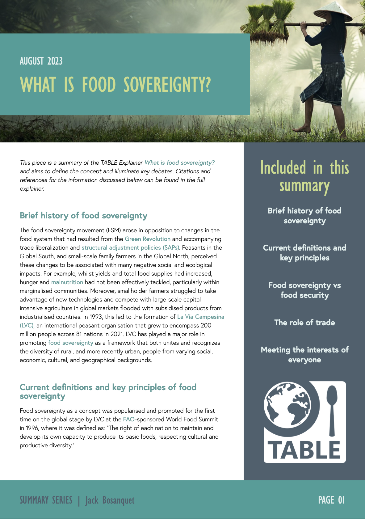 The first page of the explainer summary of 'What is food sovereignty?' published by TABLE