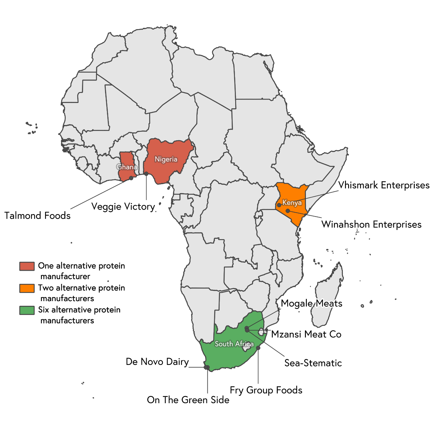 Figure 14: Map of alternative protein manufacturers within sub-Saharan Africa. Data source: Good Food Institute and Crunchbase. 6 are in South Africa, 2 are in Kenya, 1 in Nigeria, 1 in Ghana.