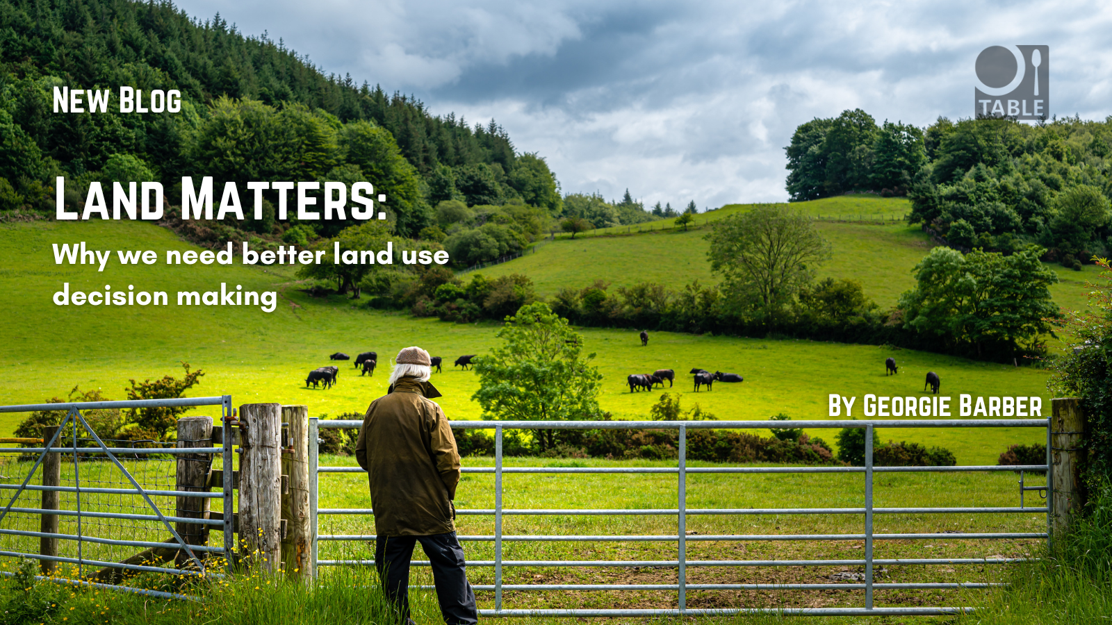 A flyer advertising a new blog called "Land Matters: why we need better land use decision making" by Georgie Barber. The background photo is a farmer standing next to a field of cows in Scotland by John F Scott.