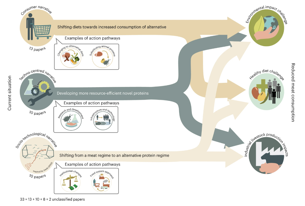 Three protein transition narratives identified in this review with examples of associated action pathways to address challenges related to environmental impact, healthy diets, and industrial livestock production