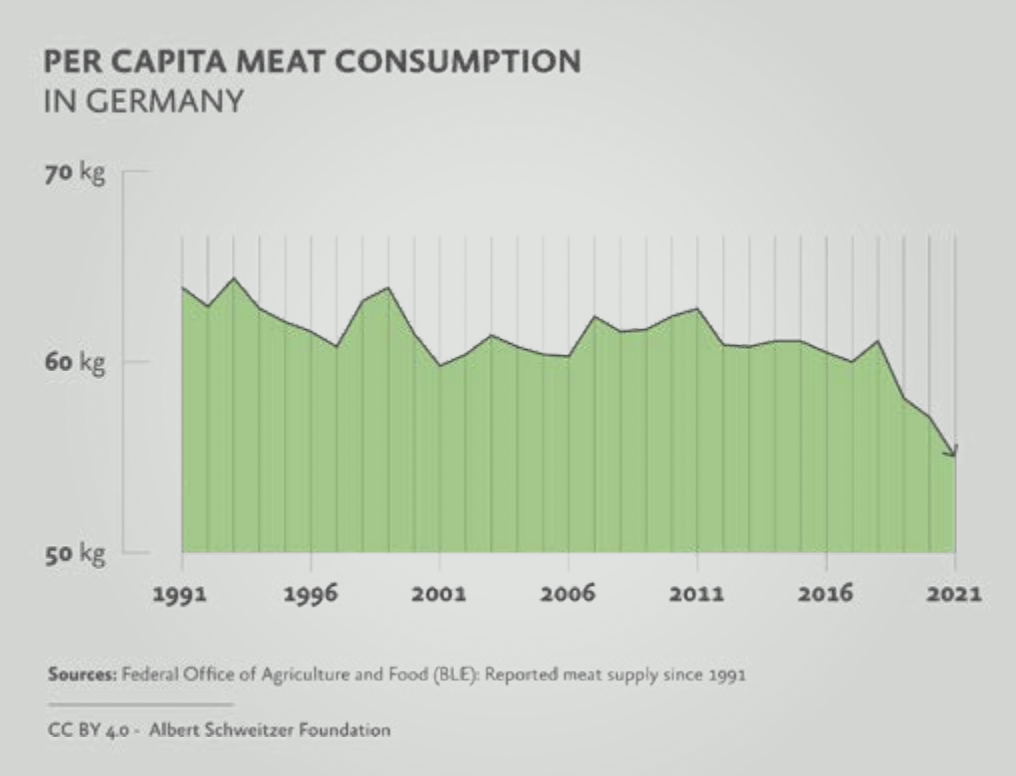 A graph of per capita meat consumption in Germany from 1991 to 2021, showing a decline from approximately 65 kg per year to 55 kg.