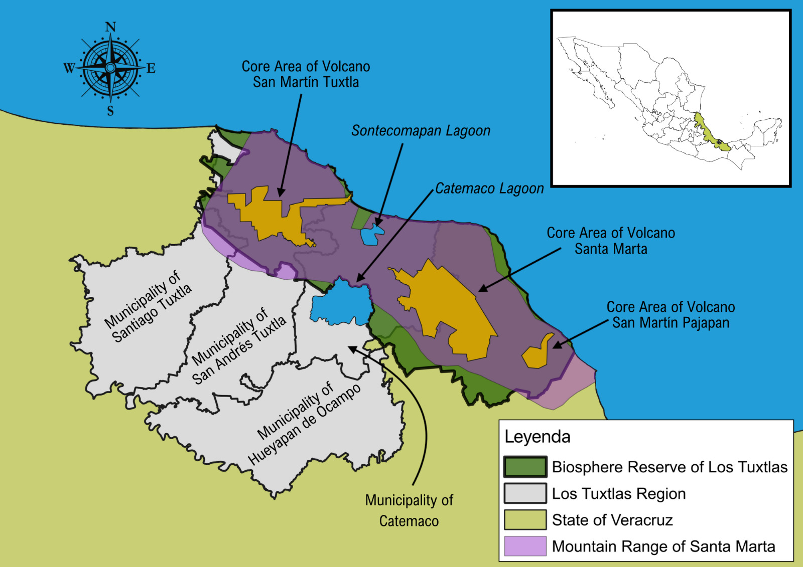 Colour-coded map of the location of the Sierra de Santa Marta, the Los Tuxtlas region, and the Los Tuxtlas Biosphere Reserve in southern Veracruz, Mexico. Designed by Jazmín Solís Carpio, based on INEGI maps.