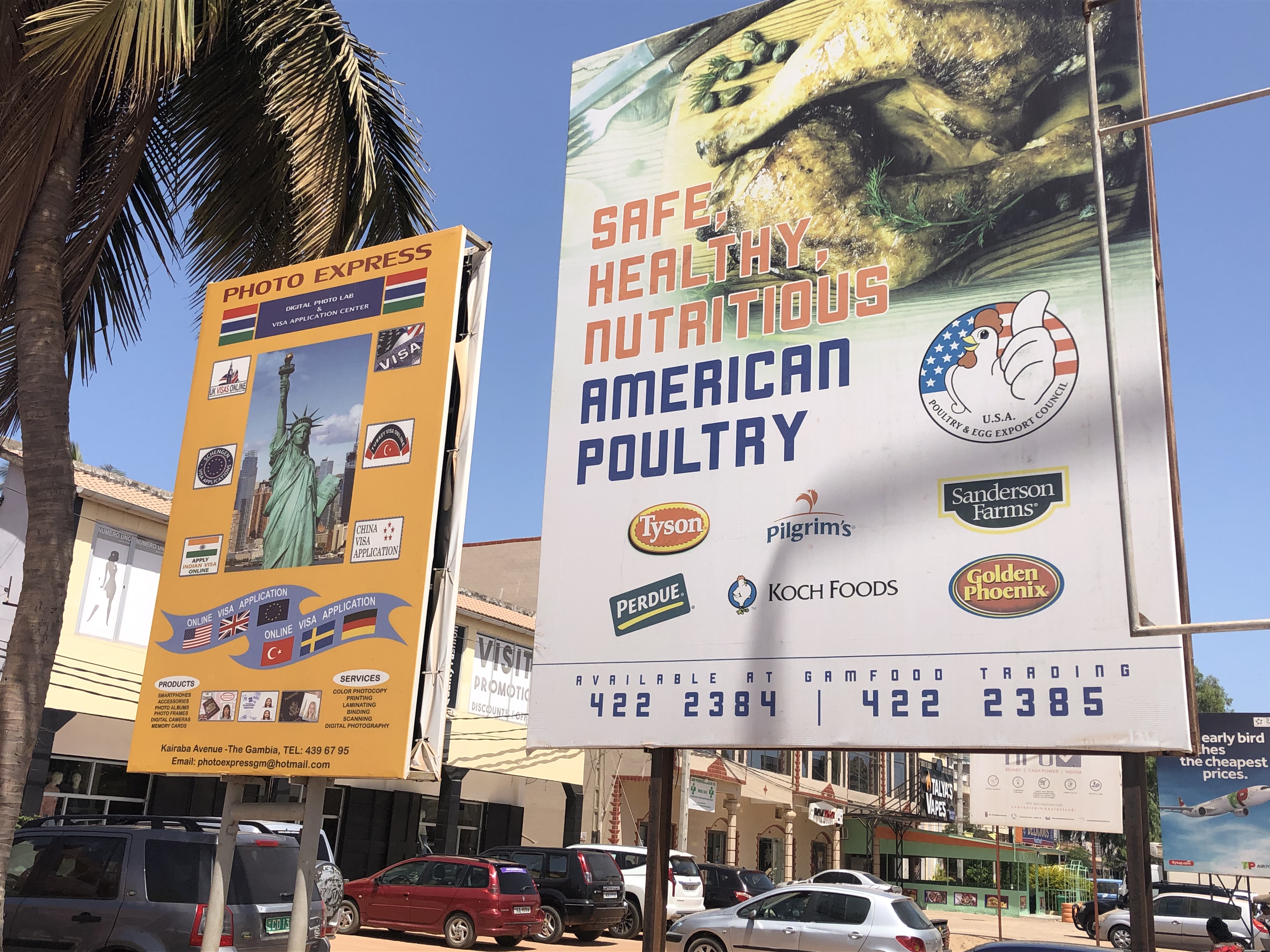 Advertisement on a billboard in The Gambia for American poultry. Photo by Martin Aucoin
