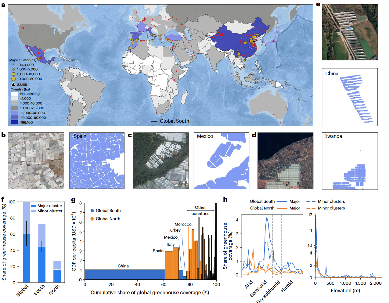 A global map of greenhouse cultivation highlights major and minor clusters as well as total coverage in hectares (ha)
