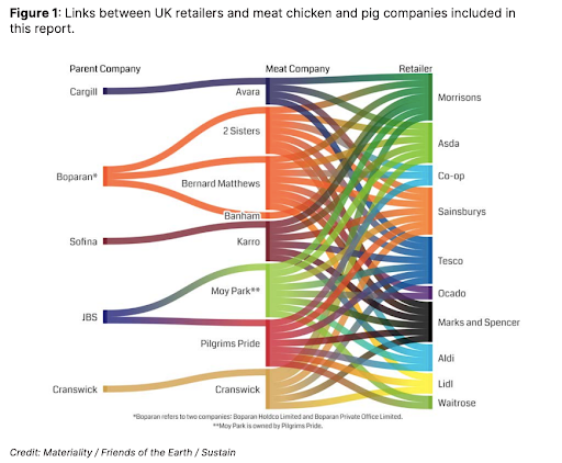 Infographic showing the links between global agribusiness, domestic subsidiaries and supermarket chains. 