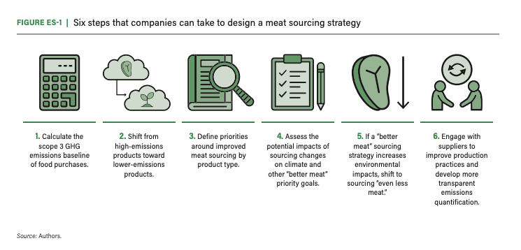Infographic by World Resources Institute showing six steps to design a meat sourcing strategy. 