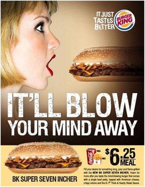 An advertisement for a Burger King sandwich featuring a woman with an open mouth and a subway-style sandwich and the text "It'll blow your mind away."