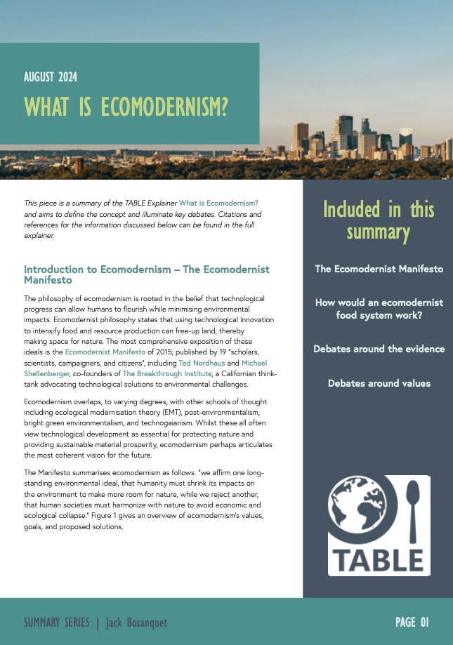 The cover of the TABLE Explainer Summary Ecomodernism, published in August 2024.