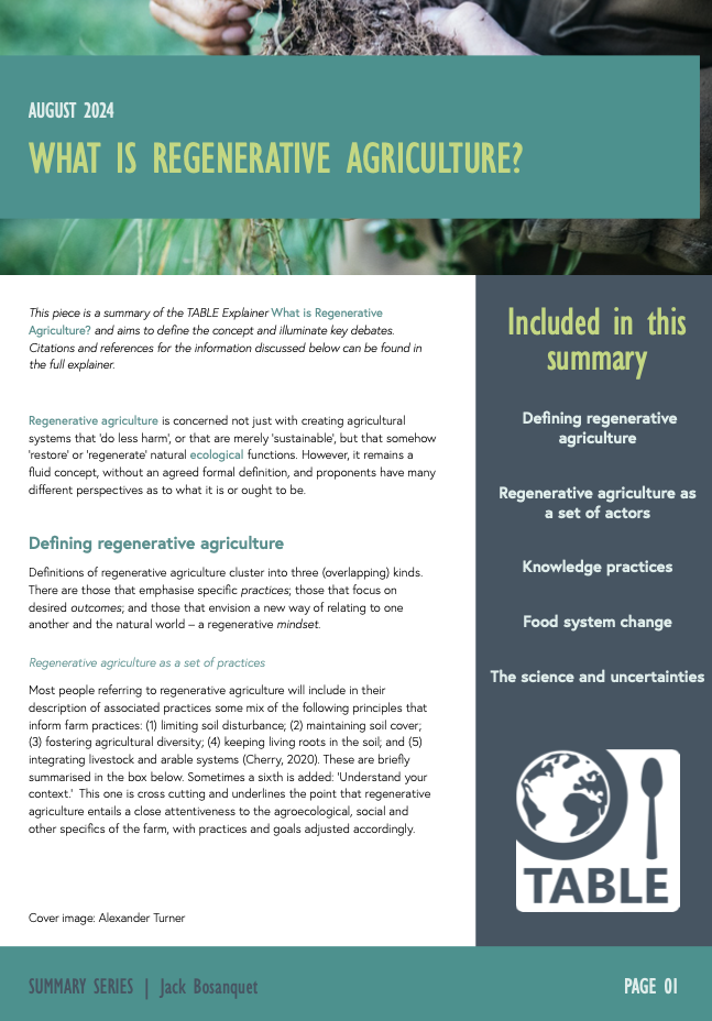 The cover of the TABLE Explainer Summary on Regenerative Agriculture, published in August 2024.