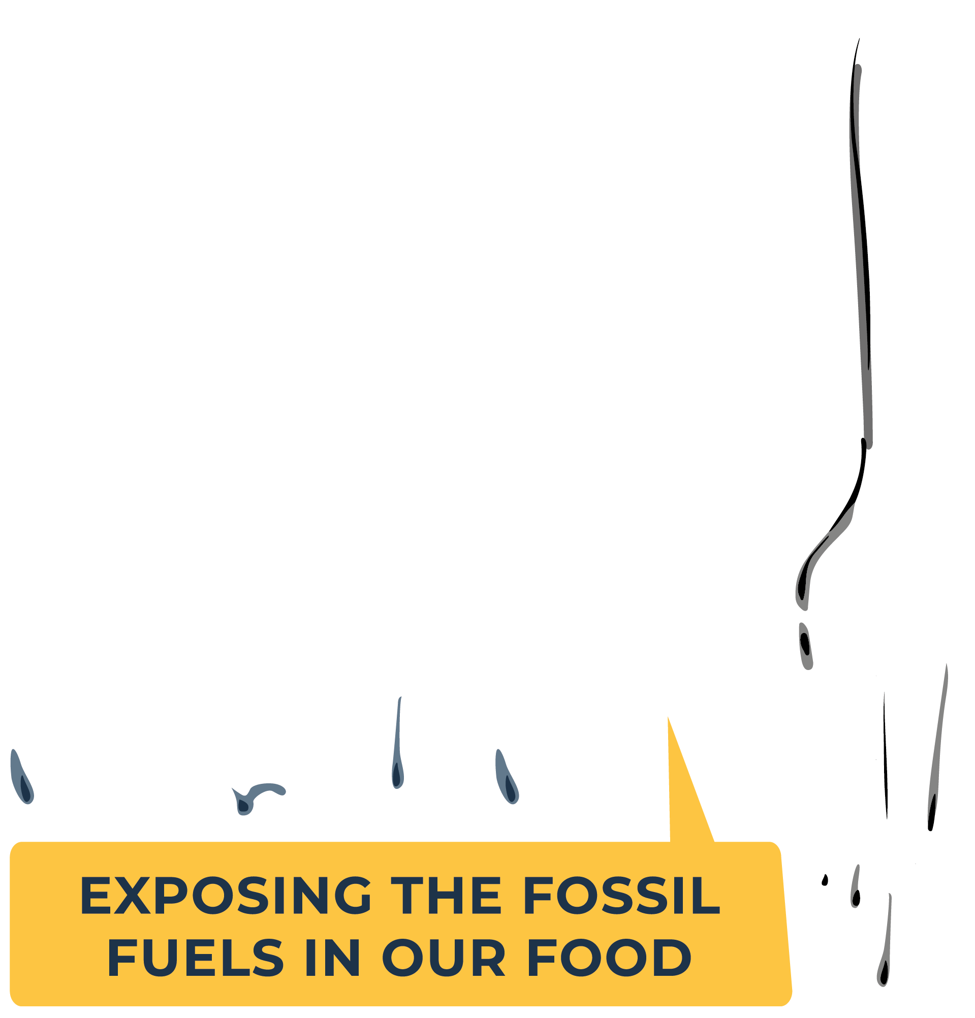 The white logo version for Fuel to Fork, with a dripping fork and the tagline "exposing the fossil fuels in our food"