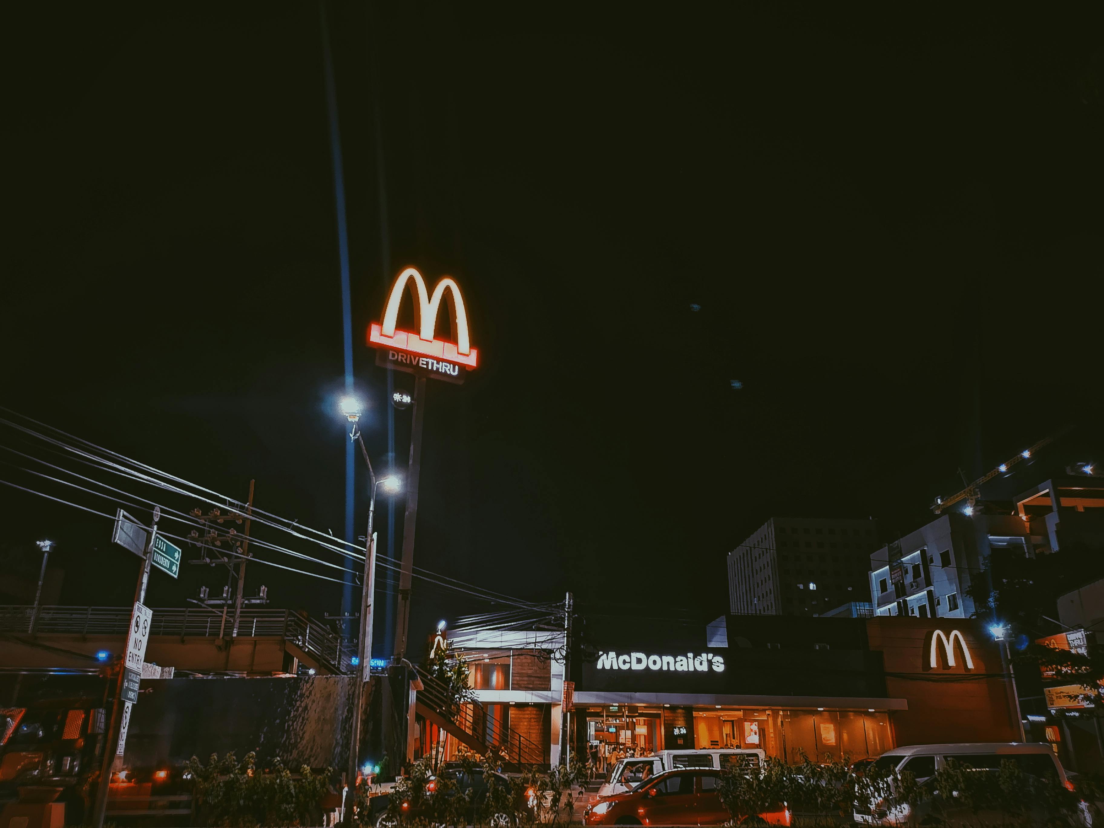 Photo of Mcdonald's branch at night. Credit Mikechie Esparagoza via Pexels