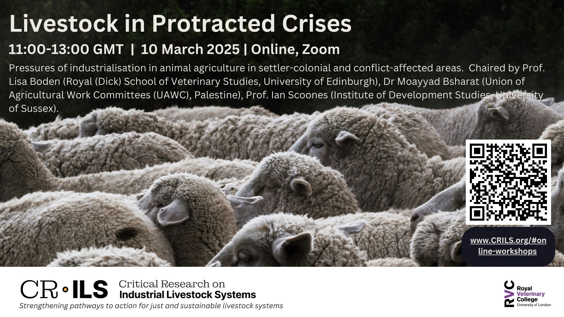 A flyer for the CRILS event "Livestock in Protracted Crises" on 10 March 2025 online.