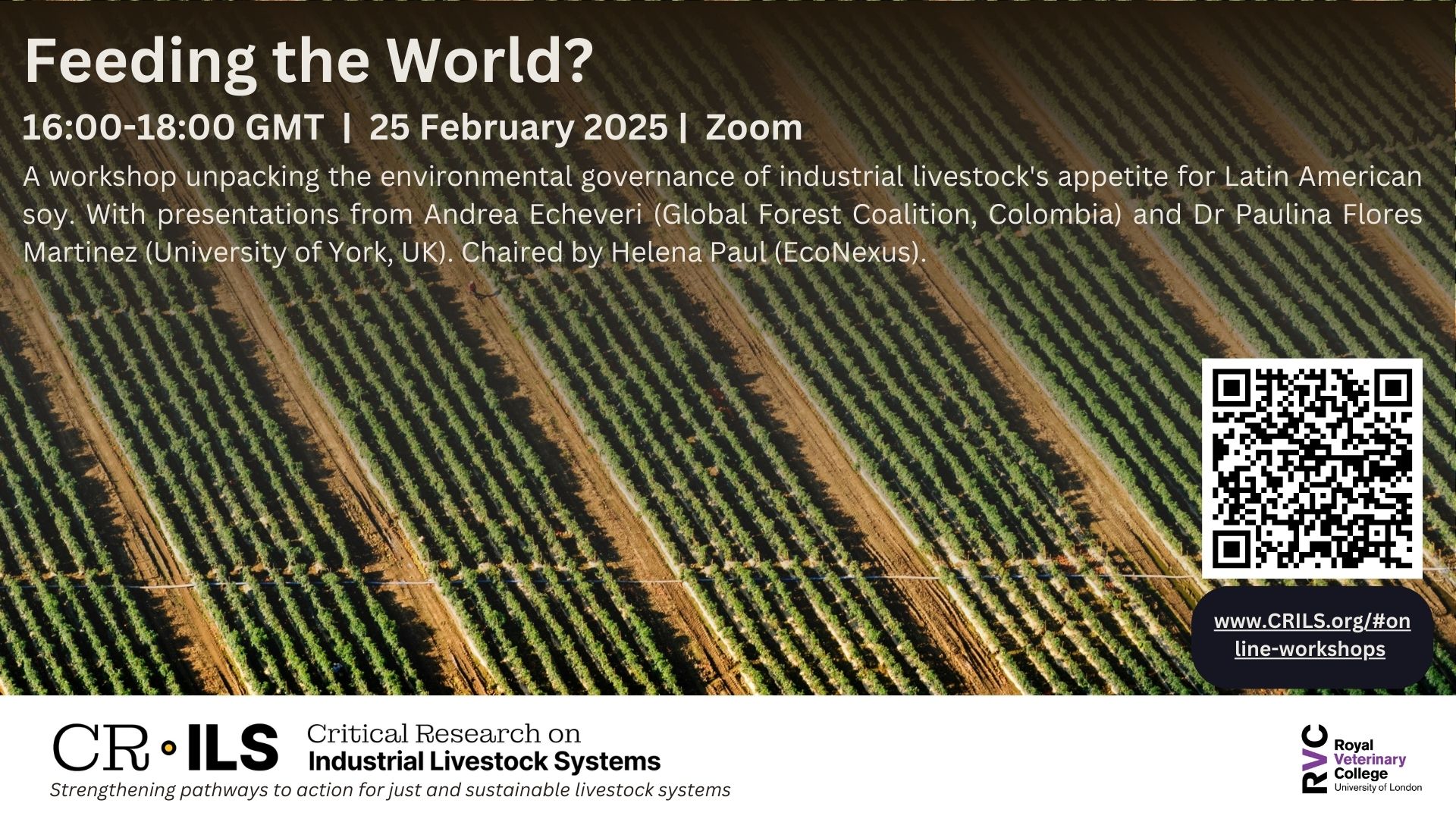 A flyer for the CRILS event "Feeding the World" on 25 February 2025 online.