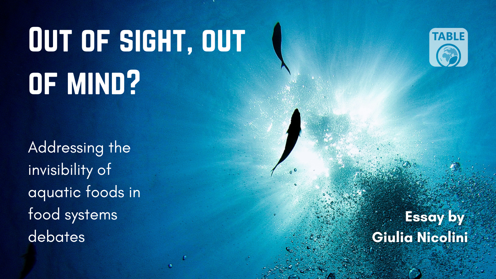 A flyer for the TABLE essay "Out of sight, out of mind? Addressing the invisibility of aquatic foods in food systems debates" by Giulia Nicolini. The background is a photo of looking up underwater at the sun with two fish in silhouette. 