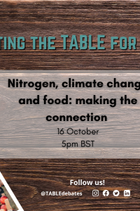 A flyer advertising the "Setting the Table for COP28” series and the event “Nitrogen, climate change and food: making the connection”. There is a photo strip of agricultural landscapes laying on a wooden table and the TABLE logo in the corner. There are photos of the speakers Wim de Vries, Rasmus Einarsson, and Pauline Chivenge.