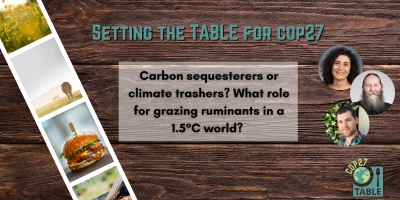 A flyer for the "Setting the Table for COP27: Carbon sequesterers or climate trashers? What role for grazing ruminants in a 1.5°C world?" event with photos of Francesca Cotrufo, Pete Smith and Matthew Hayek.