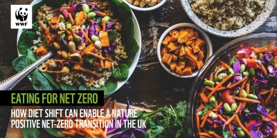 Cover for the report titled “Eating for Net Zero: How diet shift can enable a nature positive net-zero transition in the UK” published by WWF in 2023, featuring a background photo of several bowls of plant-based dishes on a wooden table.