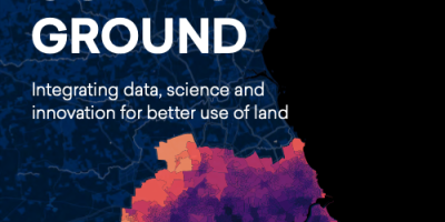 Cover of Finding Common Ground: integrating data, science and innovation for better use of land by The Geospatial Commission. Features image of air pollution outcomes of modelled land use scenarios in Newcastle, developed by The Alan Turing Institute as part of the National Land Data Programme pilot.