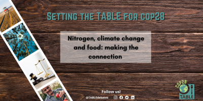 A flyer advertising the "Setting the Table for COP28” series and the event “Nitrogen, climate change and food: making the connection”. There is a photo strip of agricultural landscapes laying on a wooden table and the TABLE logo in the corner.