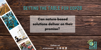 A flyer advertising the "Setting the Table for COP28” series and the event “Can nature based solutions deliver on their promise?” There is a photo strip of agricultural landscapes laying on a wooden table and the TABLE logo in the corner.