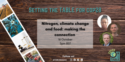 A flyer advertising the "Setting the Table for COP28” series and the event “Nitrogen, climate change and food: making the connection”. There is a photo strip of agricultural landscapes laying on a wooden table and the TABLE logo in the corner. There are photos of the speakers Wim de Vries, Rasmus Einarsson, and Pauline Chivenge.