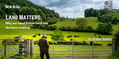 A flyer advertising a new blog called "Land Matters: why we need better land use decision making" by Georgie Barber. The background photo is a farmer standing next to a field of cows in Scotland by John F Scott.