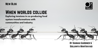 This flyer advertises a new blog by Hannah Gardiner and Soujanya Mantravadi called "When worlds collide: Exploring tensions in co-producing food system transformations with communities and industry" with an image of ants collaborating in tug of war.