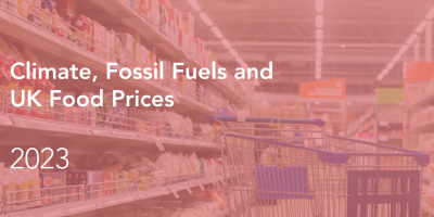 The cover of the Climate, Fossil Fuels and UK Food Prices report by The Energy & Climate Intelligence Unit. Cover shows a photo of a trolley in a supermarket isle