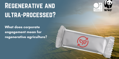 A flyer advertising a 2-part event called "Regenerative and ultra-processed? What does corporate engagement mean for regenerative agriculture?" taking place on two dates: 11 January 2024 and 7 February 2024 at 4pm GMT both days. The image also contains a gradient background with photo of a sunset over farmland and a white packaged food with a symbol on it that depicts recycling and leaf as a proxy for a regenerative label.