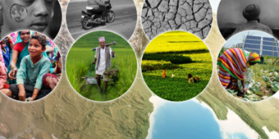 Front cover of report titled Food, Agriculture and Nutrition in South Asia. Image contains a satellite view of South Asia and circular pictures of people of the region.