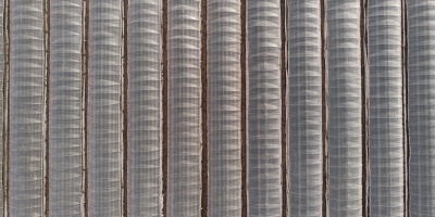 Aerial view of rows of greenhouses