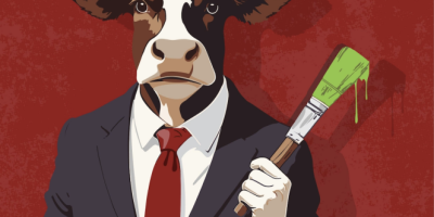 Picture of cow in a suit with a paintbrush with green paint on. 