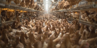 Hundreds of brown chickens on the floor and shelves in a concentrated feeding facility.