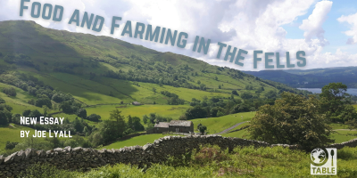 A flyer for the TABLE essay "Food and Farming in the Fells" by Joe Lyall. Background photo is a green hilly landscape in Cumbria.