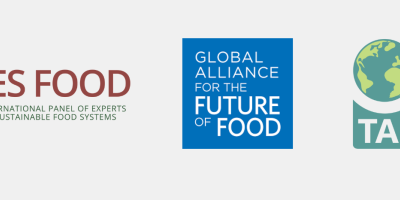 The logos for the organisations collaborating on the Fuel to Fork podcast: IPES-Food, the Global Alliance for the Future of Food, and TABLE.