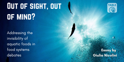 A flyer for the TABLE essay "Out of sight, out of mind? Addressing the invisibility of aquatic foods in food systems debates" by Giulia Nicolini. The background is a photo of looking up underwater at the sun with two fish in silhouette.