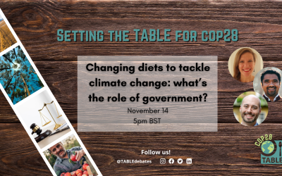A flyer advertising the "Setting the Table for COP28” series and the event “Changing diets to tackle climate change: what’s the role of government?” There is a photo strip of agricultural landscapes laying on a wooden table and the TABLE logo in the corner. There are photos of the speakers Nancy Aburto, Dhanush Dinesh, and Dustin Benton.