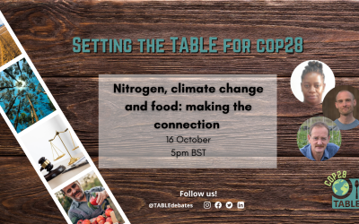 A flyer advertising the "Setting the Table for COP28” series and the event “Nitrogen, climate change and food: making the connection”. There is a photo strip of agricultural landscapes laying on a wooden table and the TABLE logo in the corner. There are photos of the speakers Ken Giller, Rasmus Einarsson, and Pauline Chivenge.