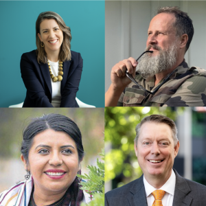 Headshots of four guests - Anna Lappè in top left, Johan Jorgenson in top right, Tania Martinez Cruz in bottom left and Jayson Lusk in bottom right