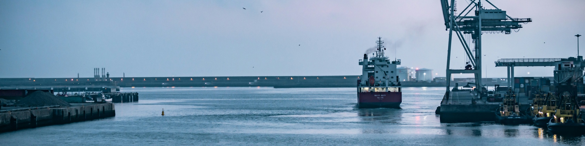 A cargo ship arriving into a port. Photo by Maksym Kaharlytskyi via Unsplash.