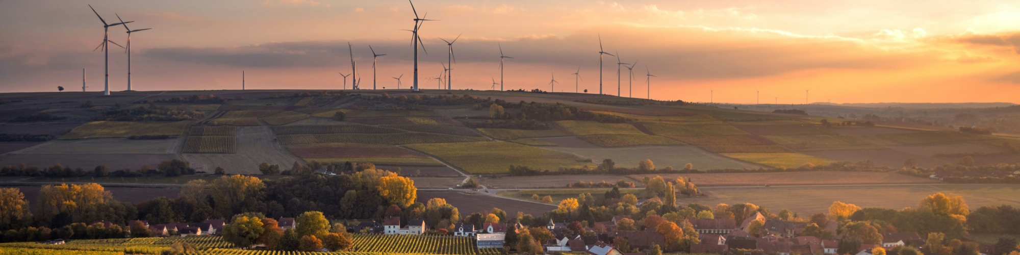 Farm fields with wind turbines on the horizon. Photo by Karstan Wurth via Unsplash.