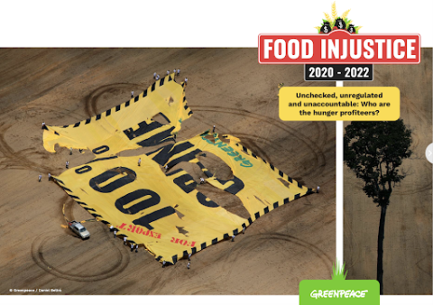 The cover of the report Food Injustice 2020-2022 by Greenpeace International.