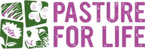 Pasture for life logo, purple text to left of drawings of grass, clover, flower, and cow in grid with green background